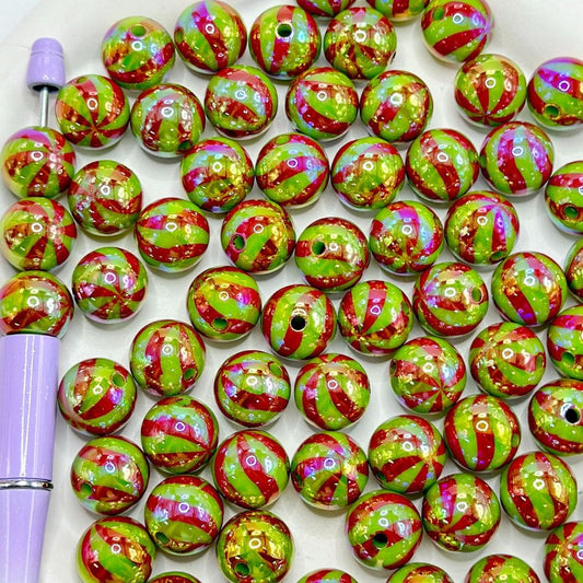 Christmas Green and Red Swirl Stripe Lines Round Acrylic Beads, 16mm Glossy