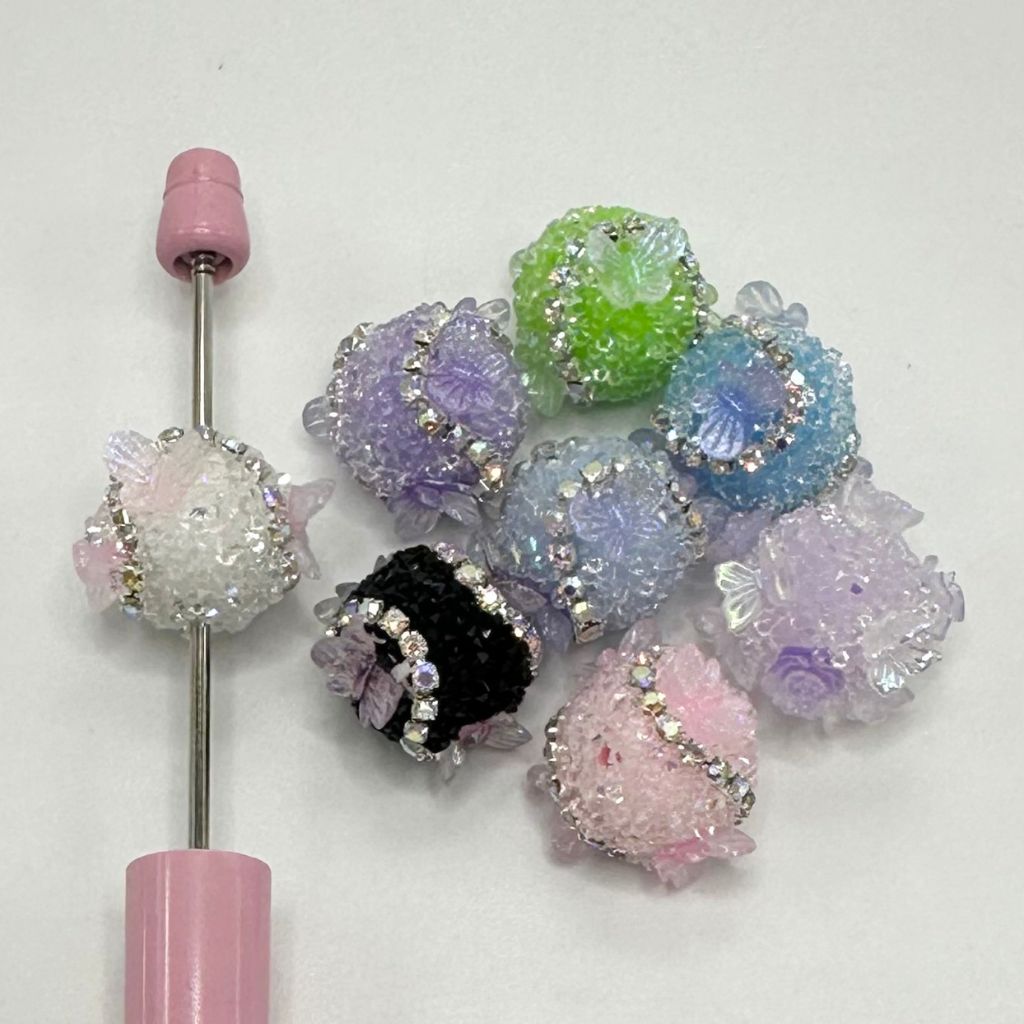 Sugar Beads With Butterfly Flower Rhinestone, Acrylic Beads, 16mm, Random Mix