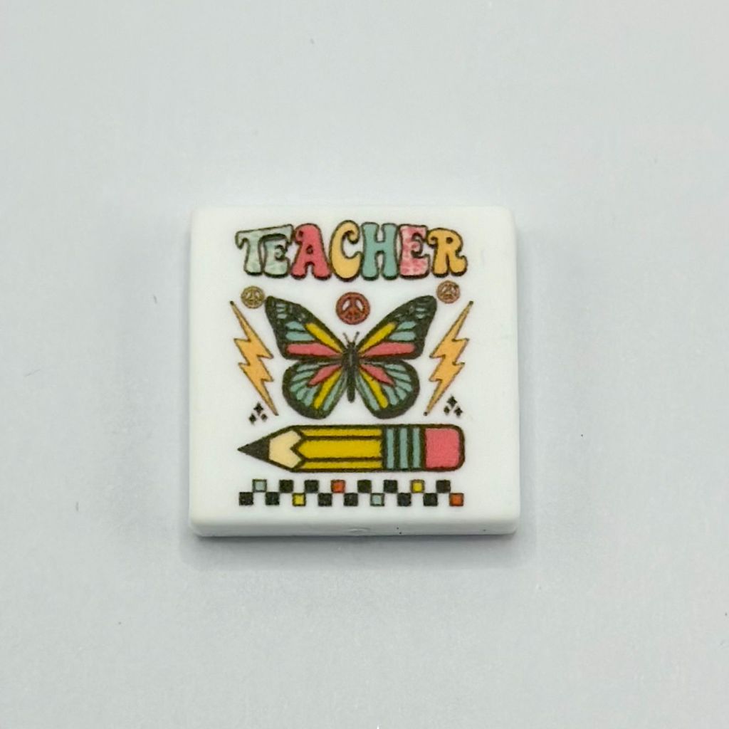 Colorful Teacher Text with Butterfly and Pencil Silicone Focal Beads