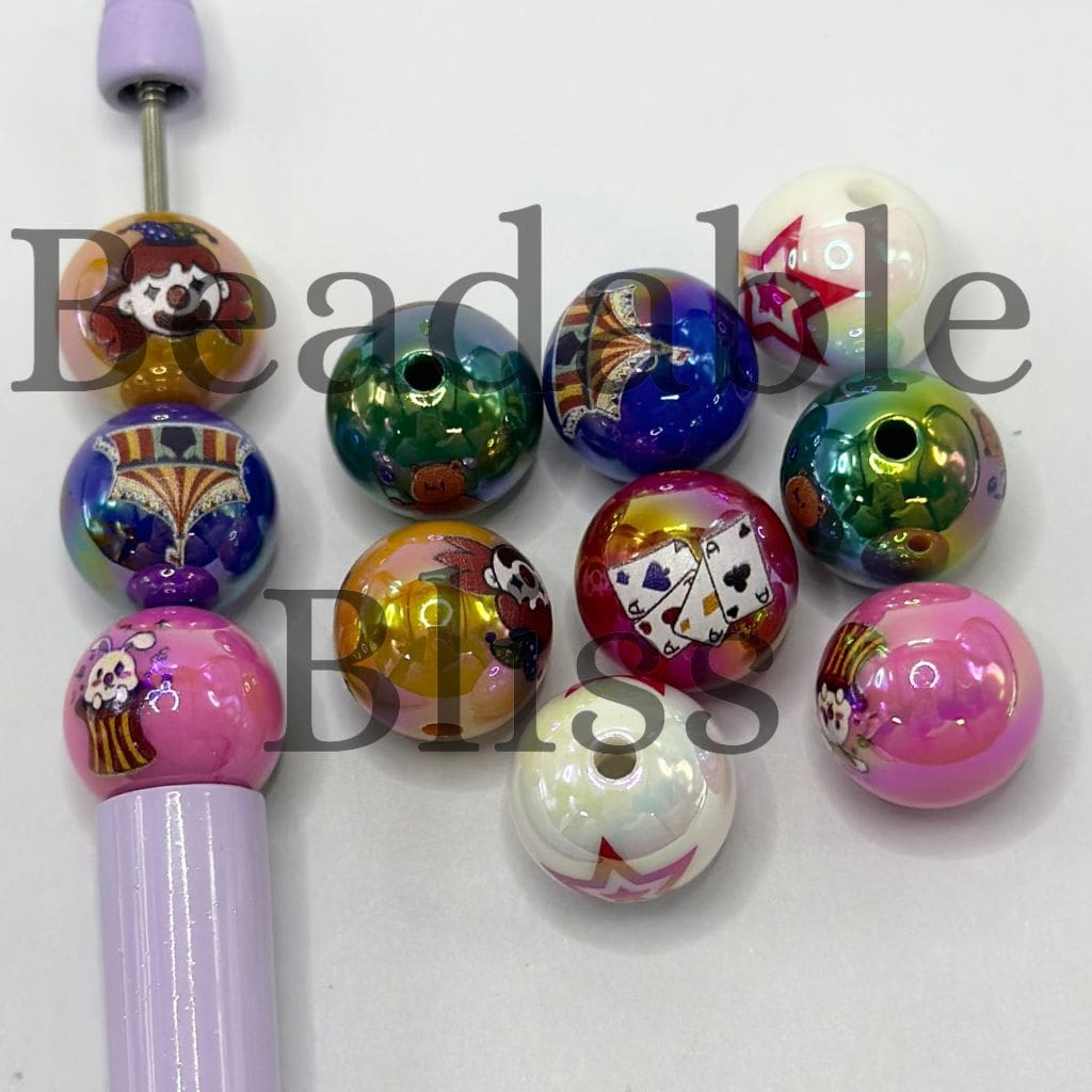 Circus Cards Clown Printed Solid Round Glossy Acrylic Beads Random Mix 16mm