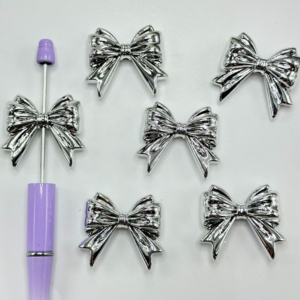 Silver Color Bowtie Ribbon Acrylic Beads 31*33.5mm