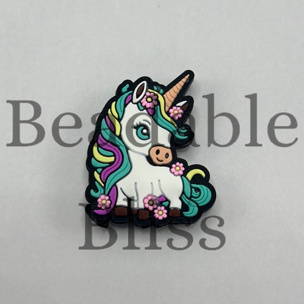 Unique Unicorn with Colorful Mane and Pink Flowers Silicone Focal Beads