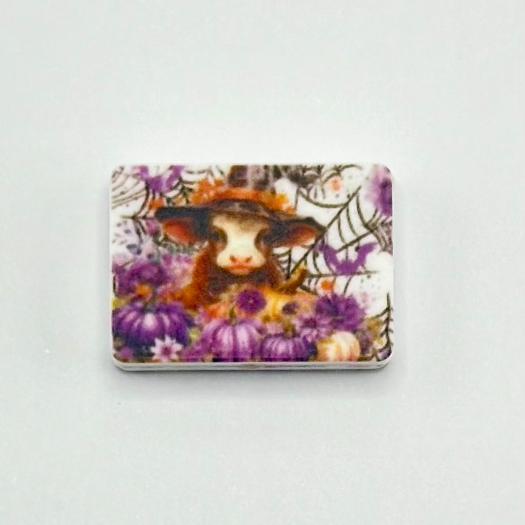 Purple Flower Bush with Cow Wearing Witch Hat Halloween Silicone Focal Beads