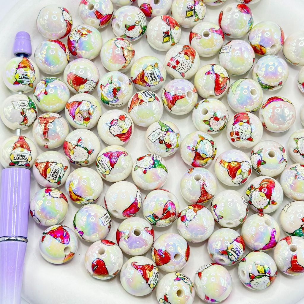 White Bead with Santa Claus Print  Merry Christmas Round Acrylic Beads 16mm