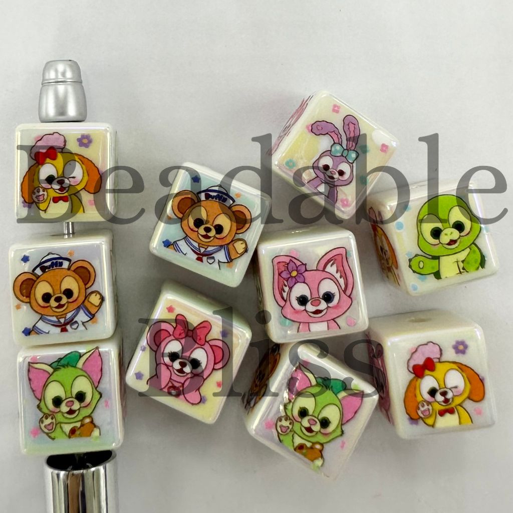 Glossy Cube Acrylic Beads Buny Bear Cute Cartoon Style UV Finish 16mm