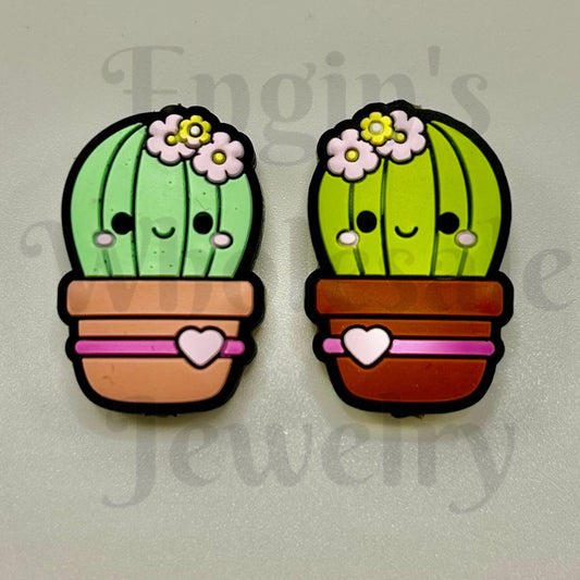 Cute Smile Cactus with Flower Silicone Focal Beads