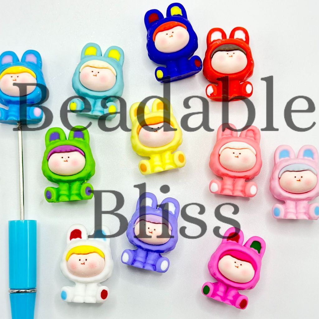 Little Cute Kids with Bunny Ears Rabbit Beads and Pen Toppers