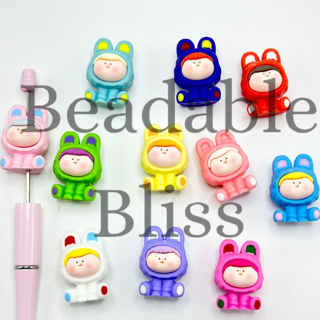 Little Cute Kids with Bunny Ears Rabbit Beads and Pen Toppers