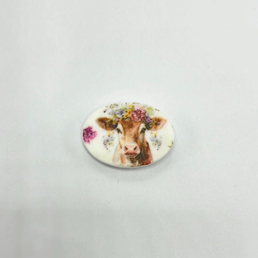 Big-Eared Cow with Pink and Colorful Flowers on Head and Around Silicone Focal Beads