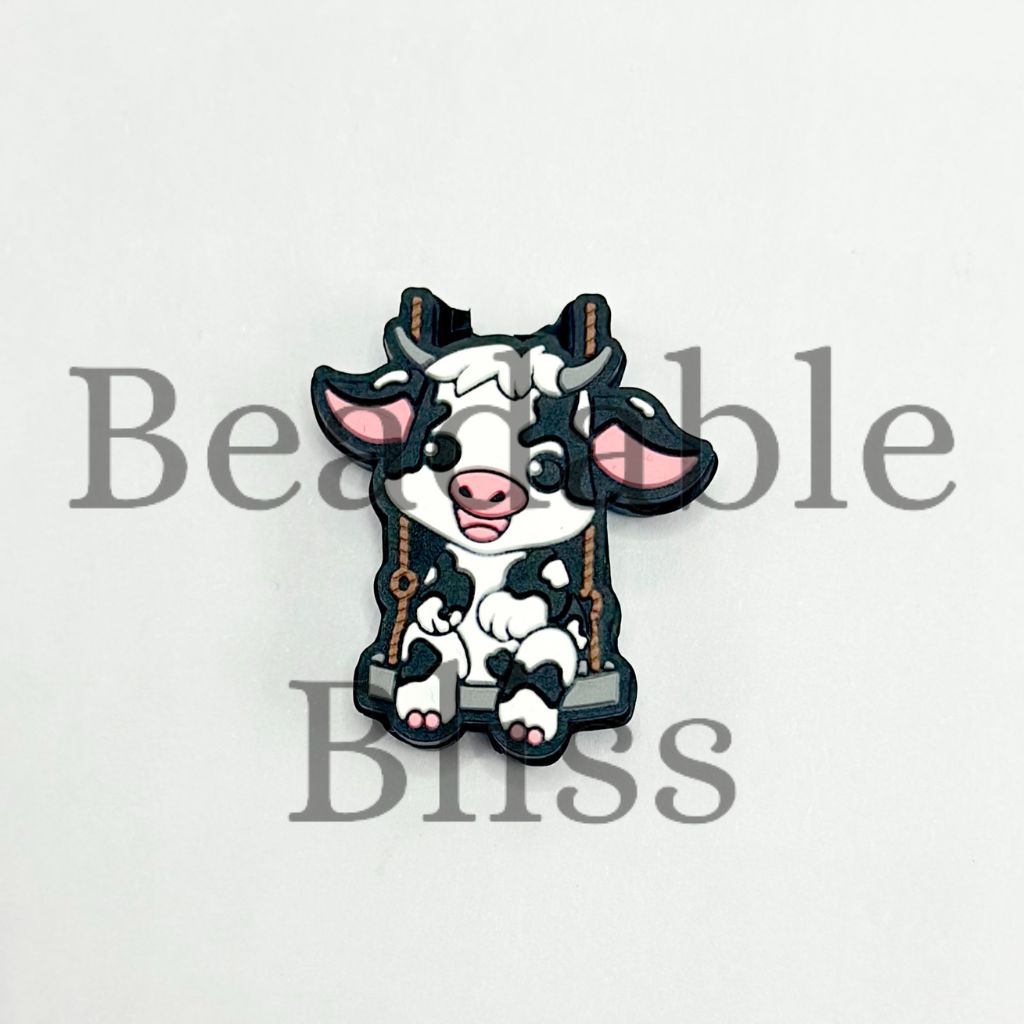 Cute Cow Calf Girl Playing on Swing Silicone Focal Beads