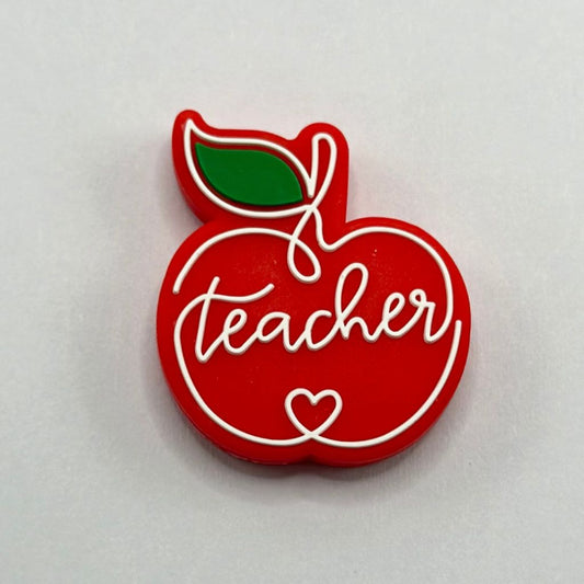 Red Apple with Teacher Text and Green Leaf Silicone Focal Beads