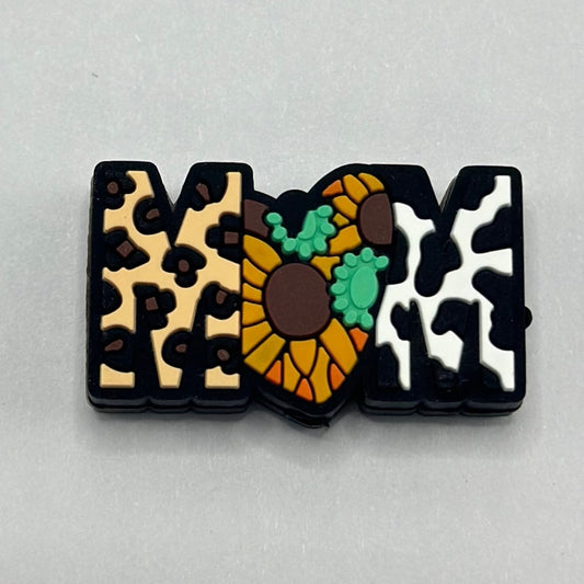 Mom Text with Yellow sunflower, Aztec, Cow and Jaguar Print, Silicone Focal Beads