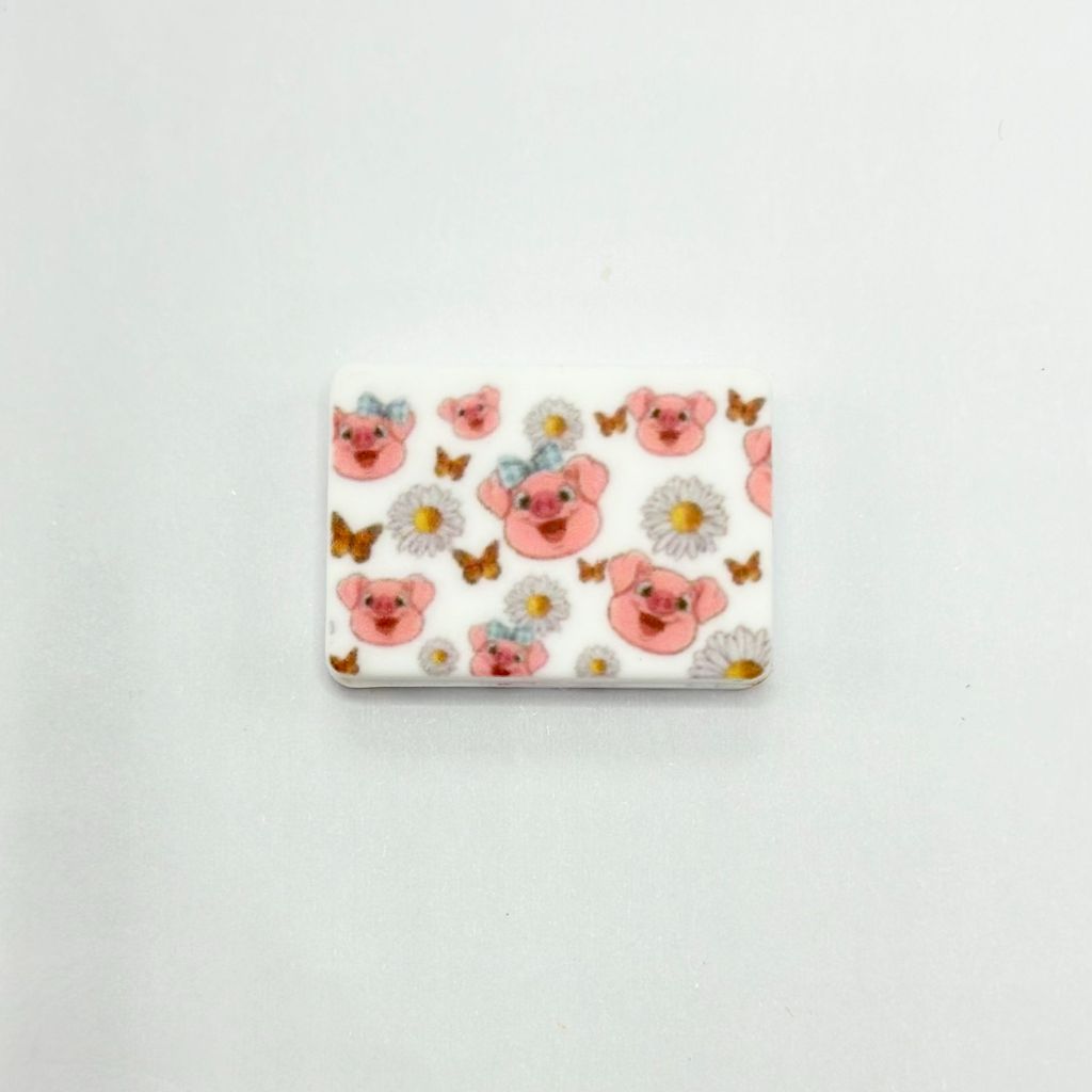 Pink Pig Head with White Flowers and Butterfly Rectangle Silicone Focal Beads