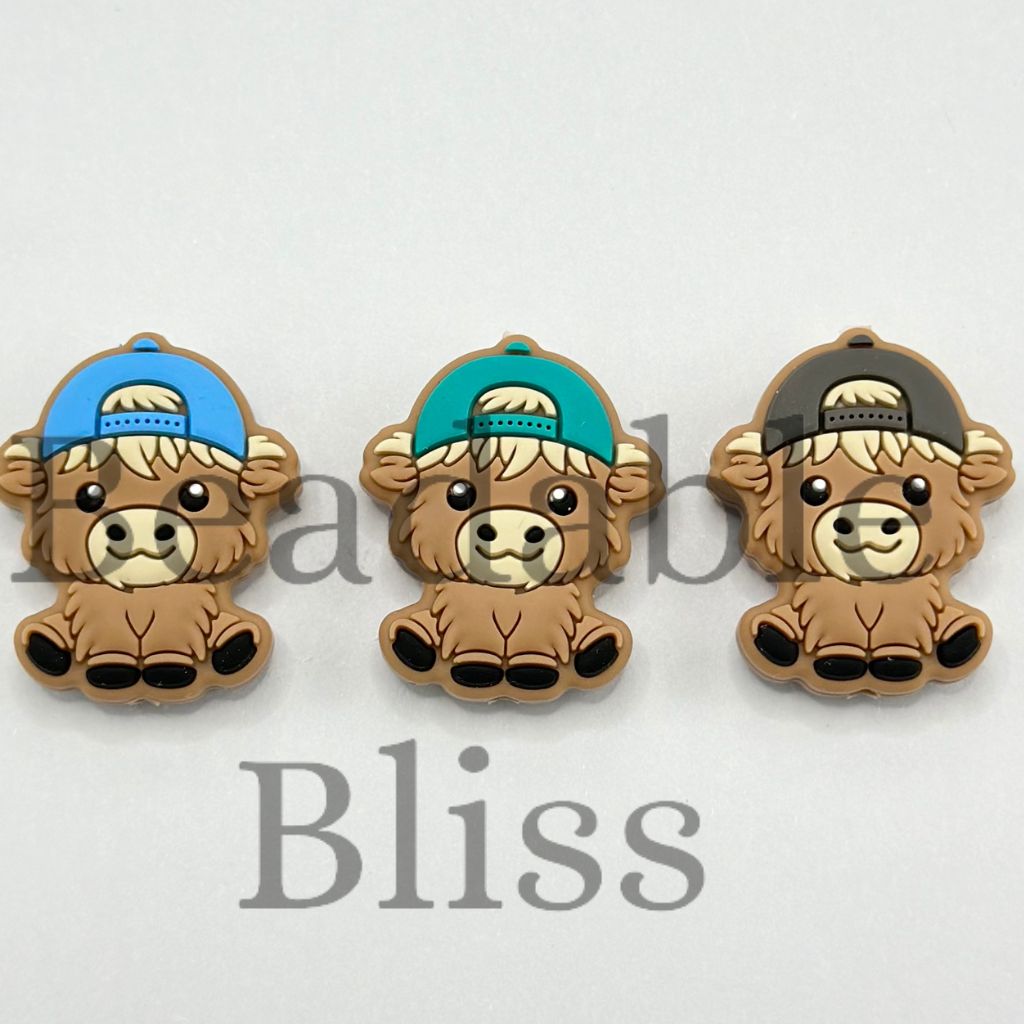 Cute Brown Highland Cow Calf Wearing Hat Silicone Focal Beads