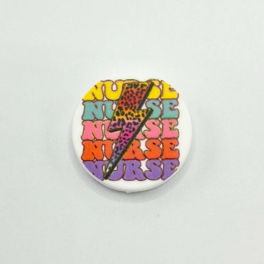 Round Bead Colorful "Nurse" Text with Lightning Bolt Healthcare Silicone Focal Beads