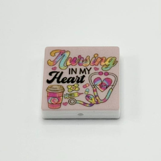 Nursing in my Heart with Coffee Cup, Stethoscope and Pink Heart Silicone Focal Beads