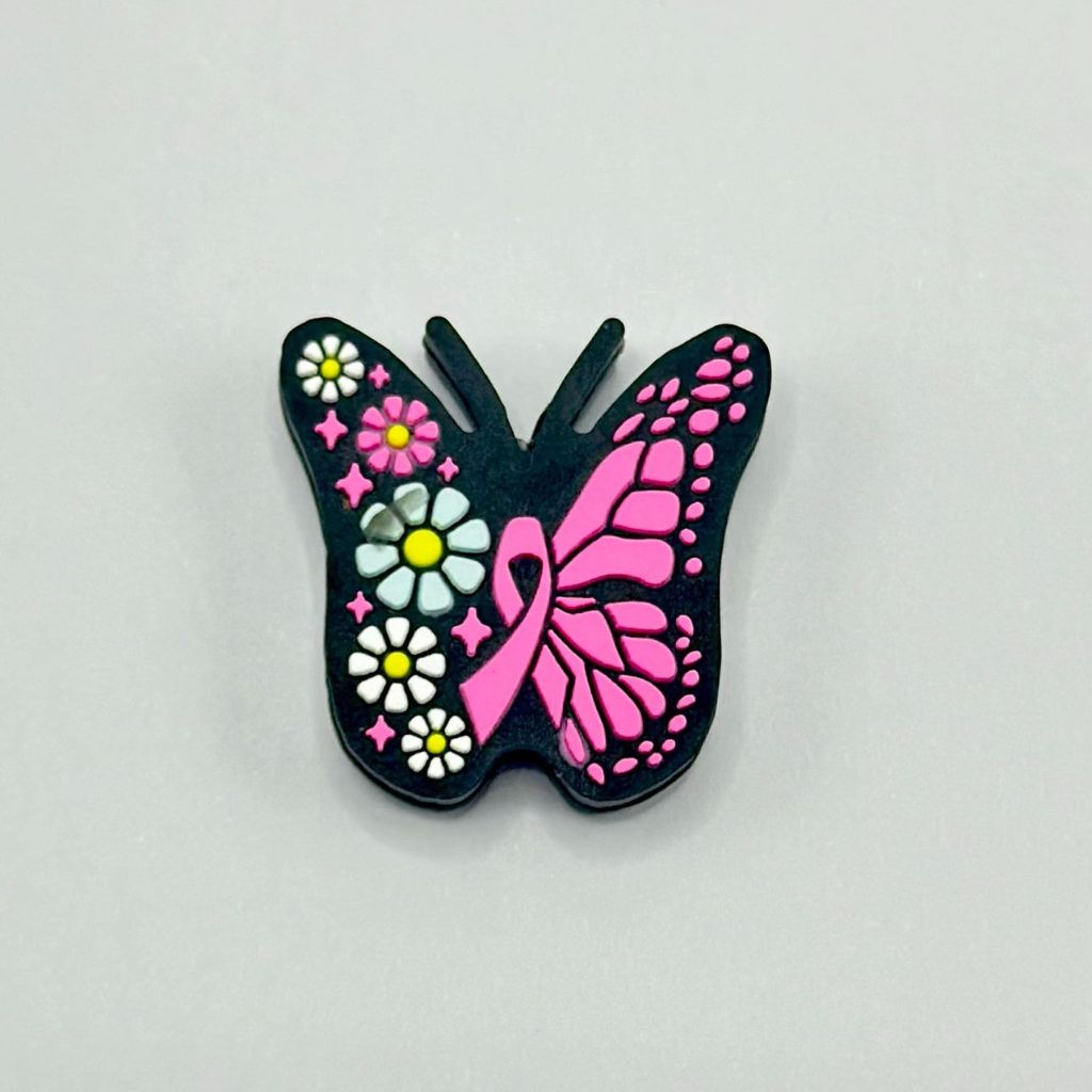 Pink Black Butterfly with Ribbon Breast Cancer Awareness Silicone Focal Beads