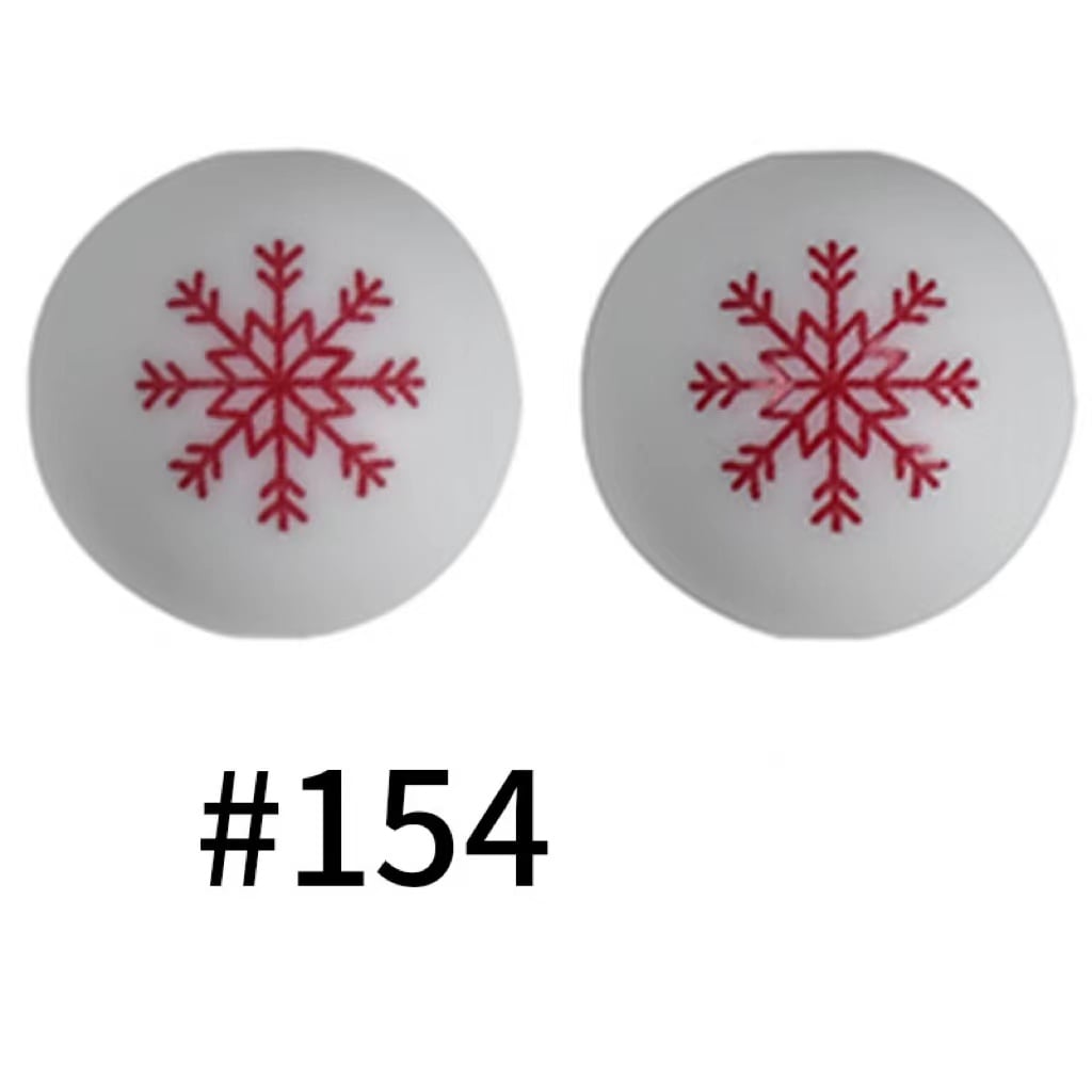 Red Snowflakes on White Printed Silicone Beads Number 154