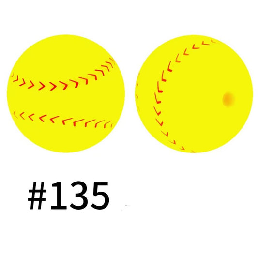 Yellow Baseball Ball Printed Silicone Beads Number 135