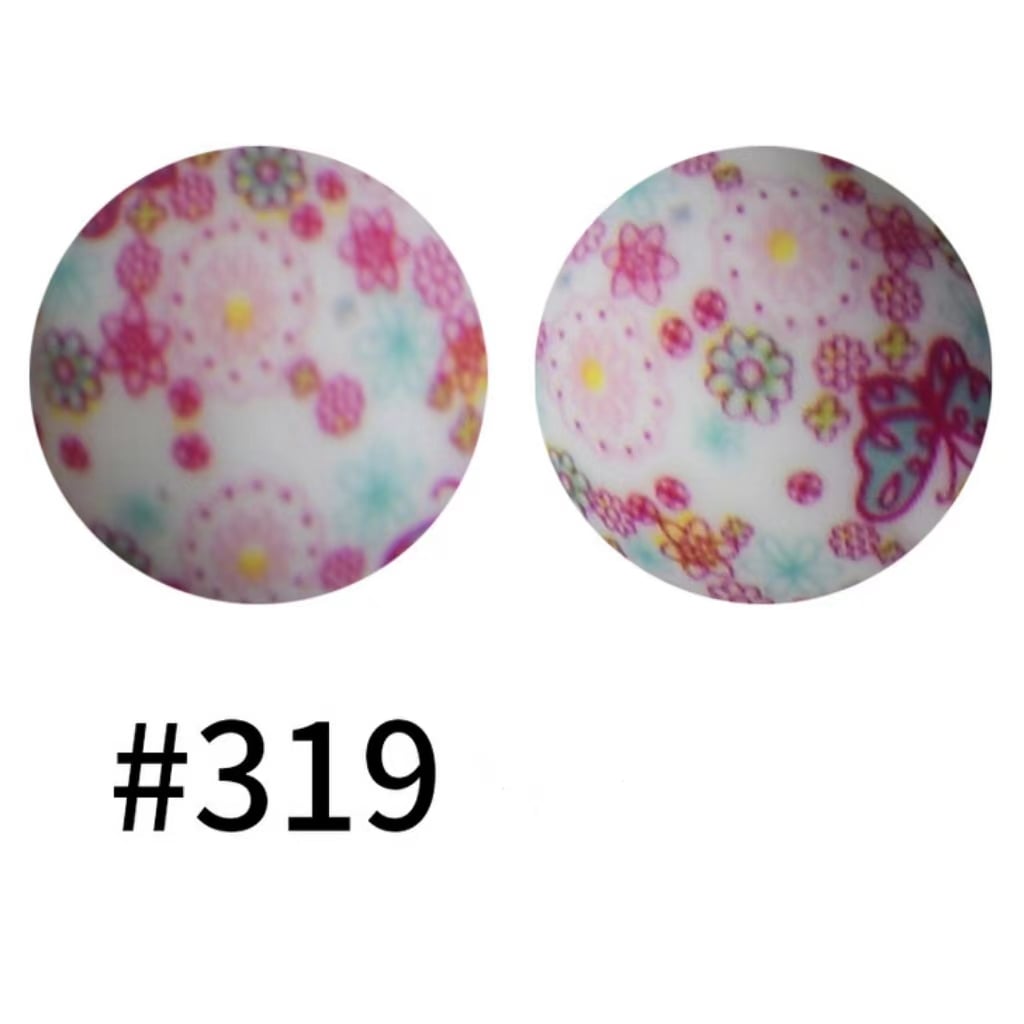 Pink Flowers Butterfly Printed Silicone Beads Number 319