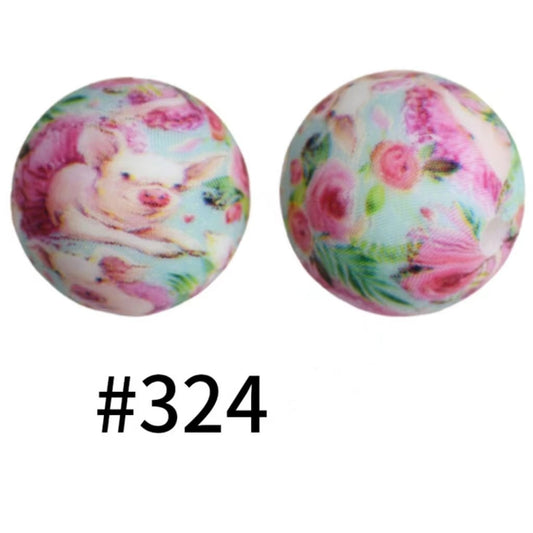 Pink Flower Pig Printed Silicone Beads Number 324