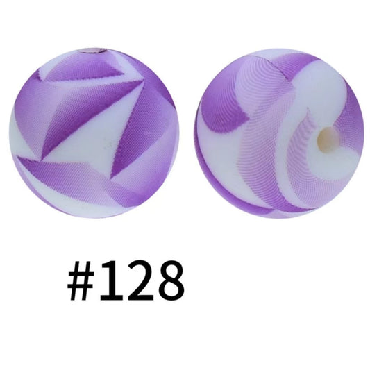 Purple White Pattern Printed Silicone Beads Number 128