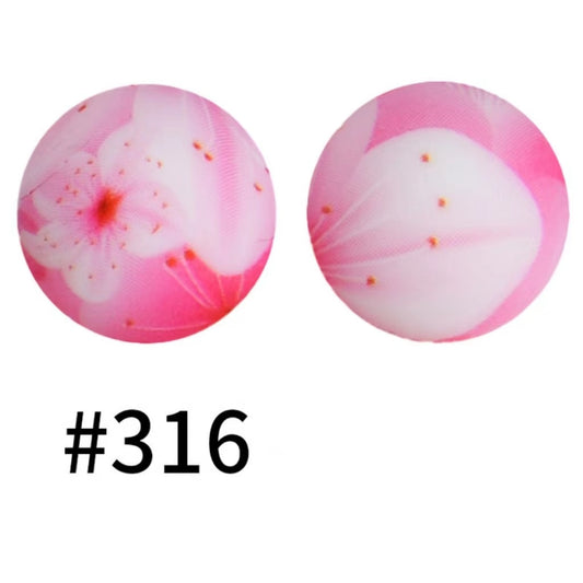 Pink White Flower Printed Silicone Beads Number 316