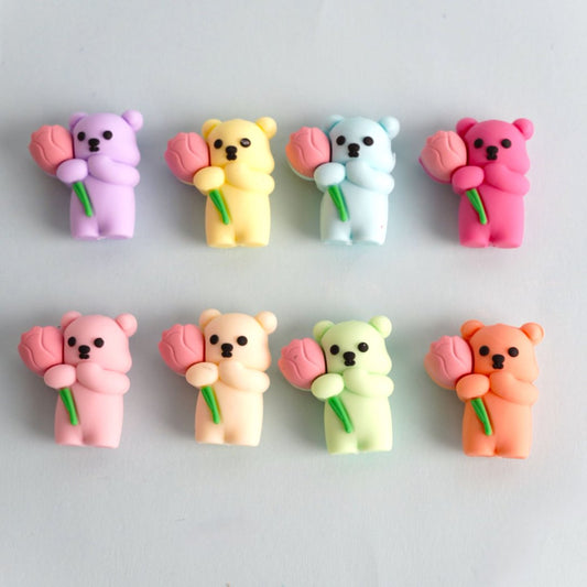 3D Cute Bears Hold Pink Flowers Silicone Focal Beads, Random Mix