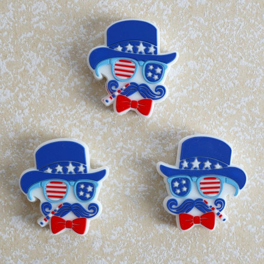 Uncle Sam with USA America Flag Design Hat Glasses Red Bow Patriotism Silicone Focal Beads