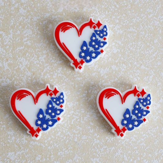 USA America National Flag Color Design Heart Butterfly Patriotism Silicone Focal Beads