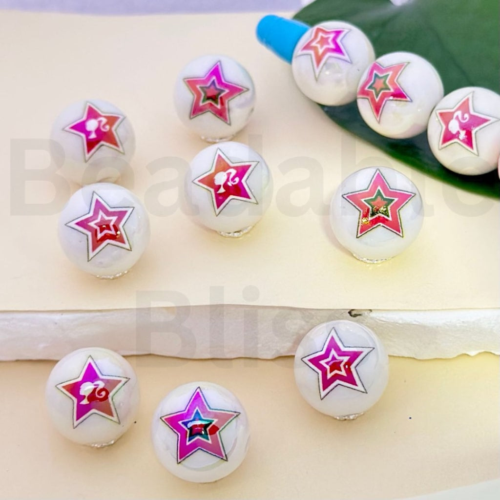 UV Finish Red Star Fashion Girl White Round Acrylic Beads, 16MM, Random Mix