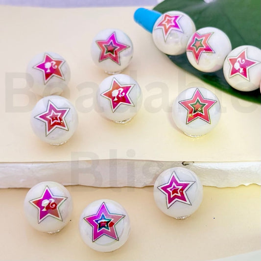 UV Finish Red Star Fashion Girl White Round Acrylic Beads, 16MM, Random Mix