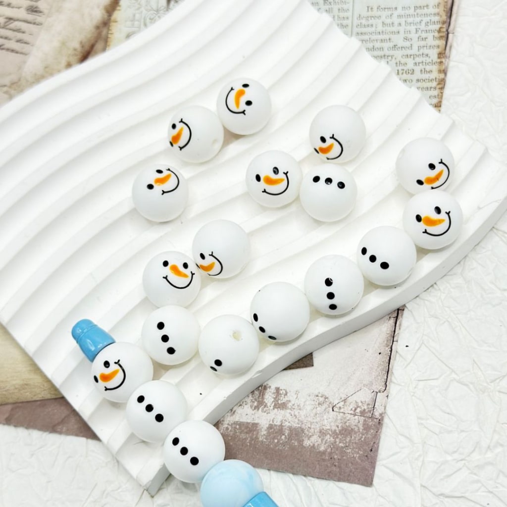 Snowman Beads, Printed Silicone Beads with Snowman Head and Body Design, Size 15mm, Round