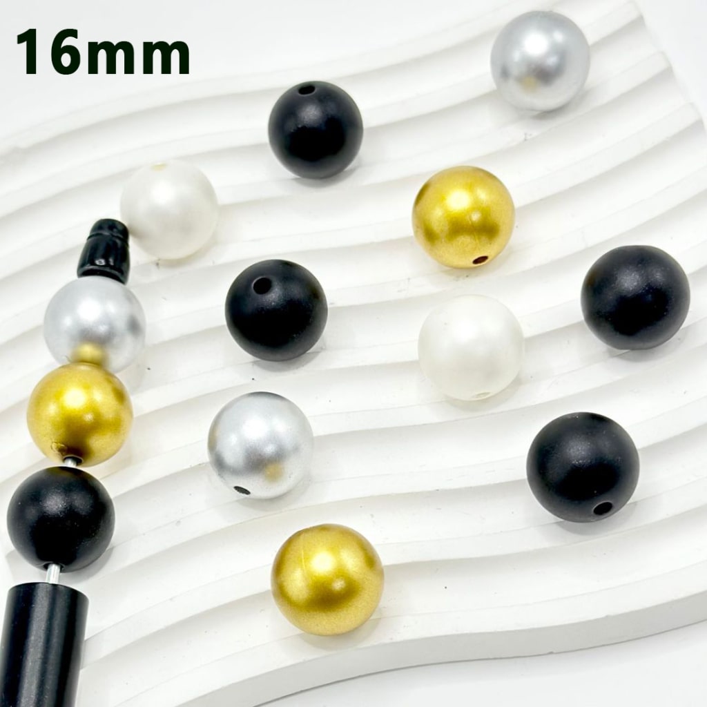 Gold Silver Black White Matte Color Round Acrylic Beads, 16MM