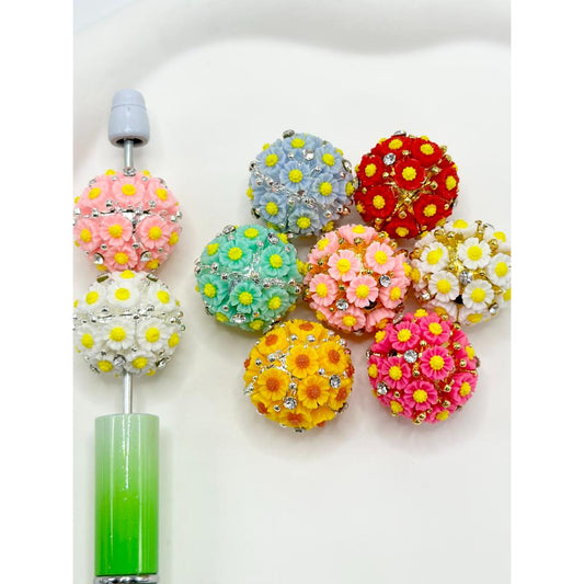 Metal Alloy Beads with Small Flowers, Silver Pins with Rhinestones, 20mm, ZY