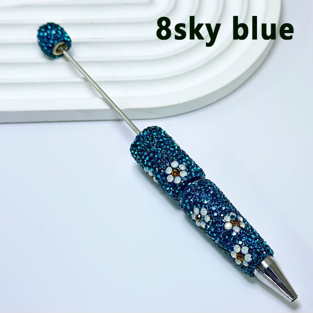 Beadable Clay Pens with White & Gold Flowers Colorful Shiny Rhinestones Covered the Entire Pen