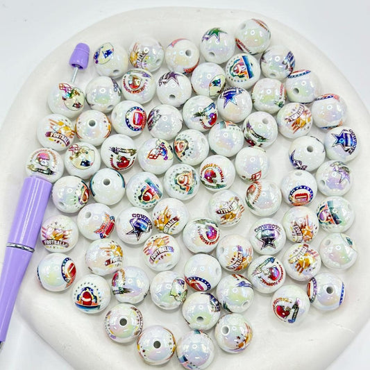 UV Coating American Football Round Acrylic Beads, Random Mix, 16MM