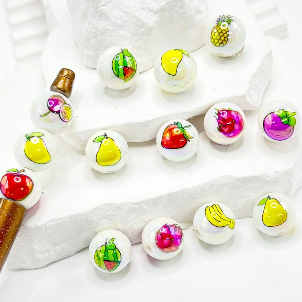 UV Finish Various Fruits Banana Pineapple Cherry Watermelon Strawberry Pear White Round Acrylic Beads, 16MM