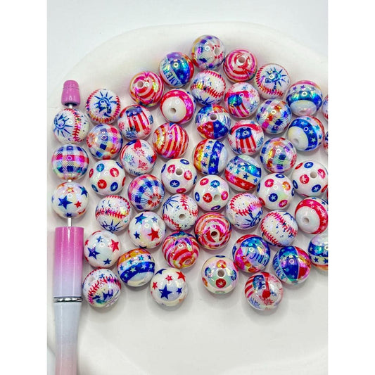 White UV Coating Acrylic Beads with USA American Patterns, Random Mix, 16MM