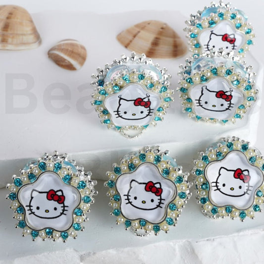 Fancy Silver Alloy Cute HK Head with Lake Blue Rhinestones White Pearls Round Clay Beads, Around 27MM