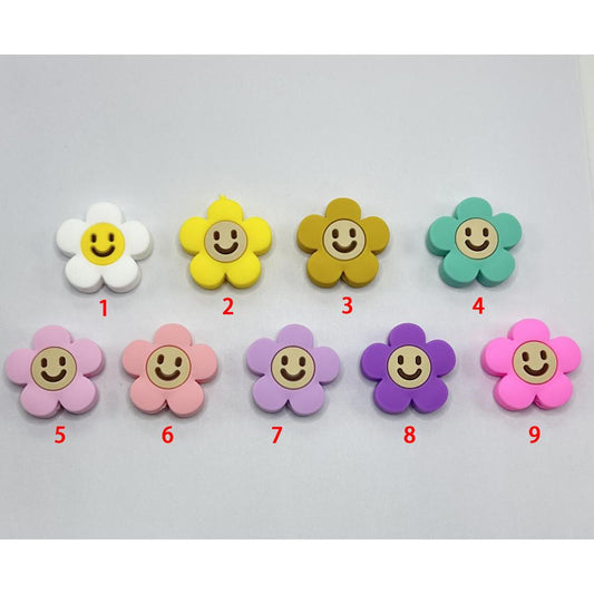 Colorful Flower with Round Smiley Face Emoji Silicone Focal Beads Random Mix