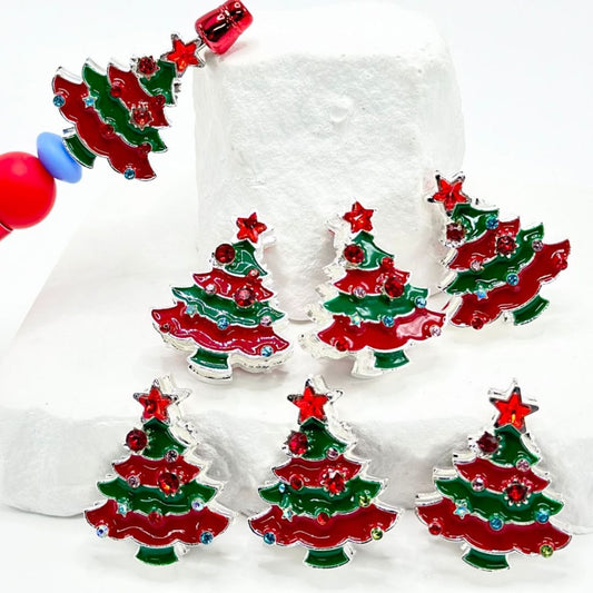 Vivid Red Green Alloy Christmas Tree Beads with Mini Stars, Around 34*28MM