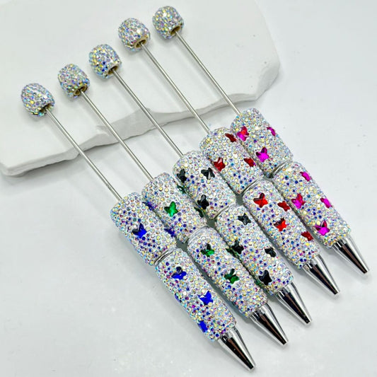 Beadable Clay Pens with Multi-Color Butterflies Mini AB Rhinestones Covered the Entire Pen