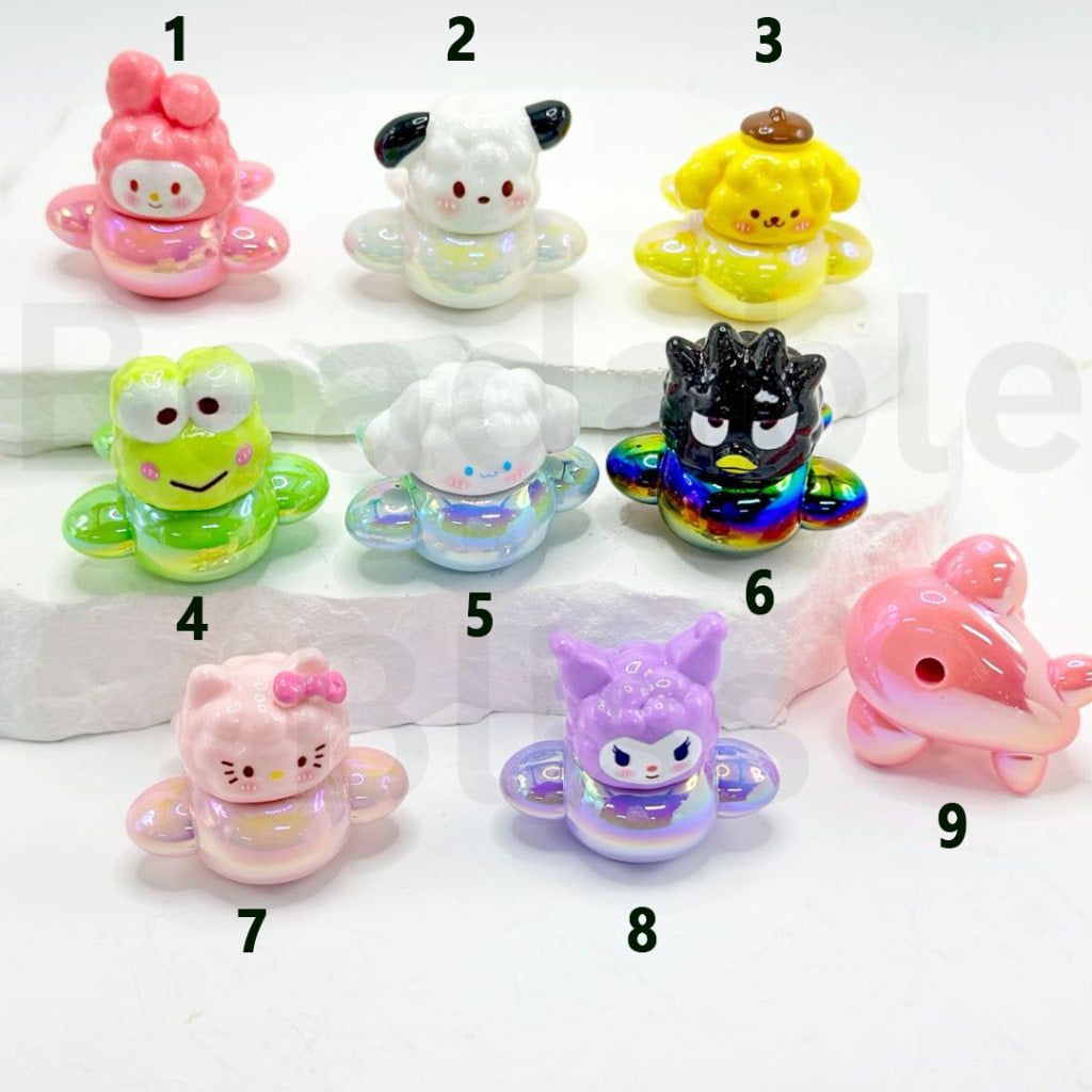 UV Finish Cute Sanri Plane HK Kurom Melod Keropp Cinnamorol Badtz-Mar Pochacc Pom Pom Puri Acrylic Beads, Around 32*32MM