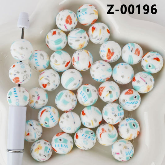 Nurse Series White Round Printed Silicone Beads 15MM, Number Z-00196