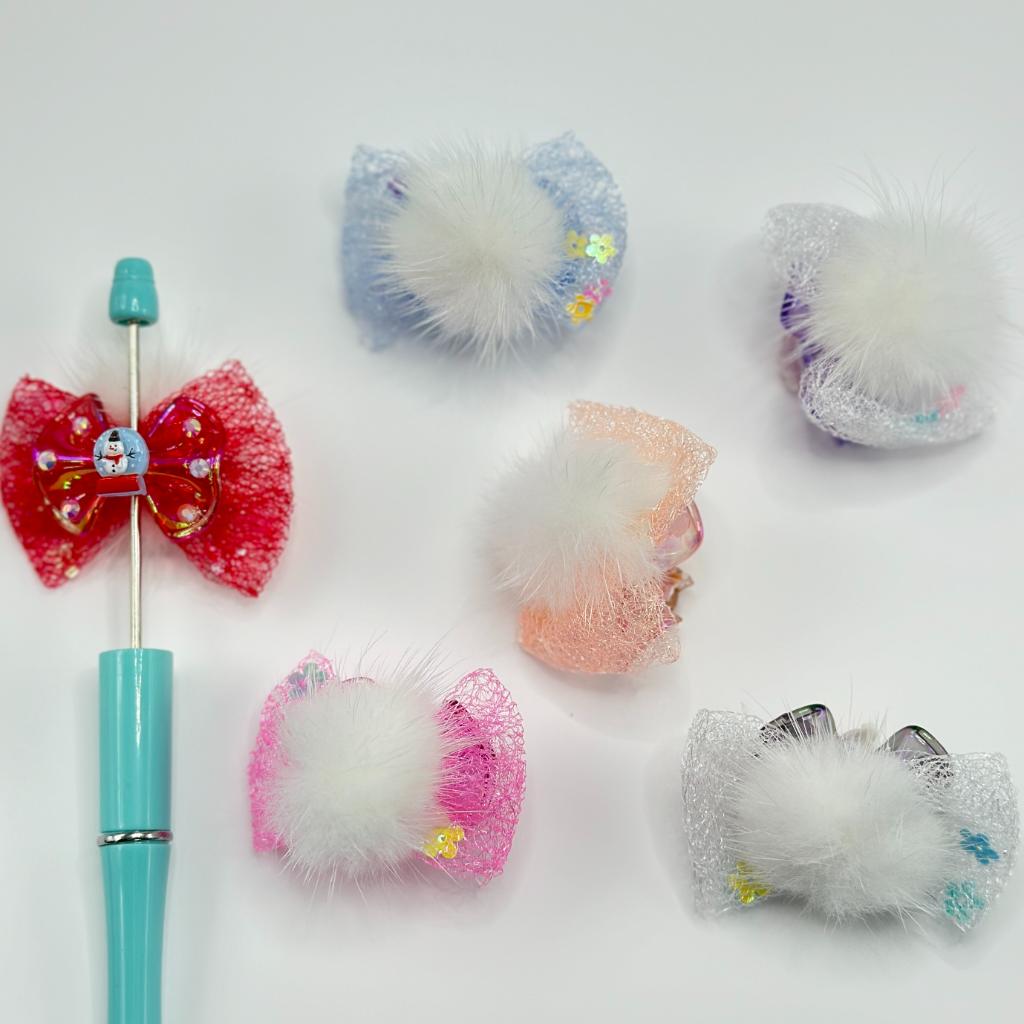 Christmas Theme Lace Rhinestone Small White Fluffy Balls Bowknot Acrylic Beads, Random Mix, Around 50*36MM