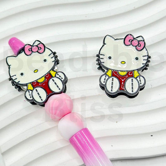 Delicate Cute Alloy HK Kitten in Red Yellow with Pink Bowknot Clear Rhinestones Oval Pearls Clay Beads, Around 35*30MM