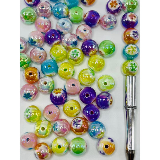 Glossy Acrylic Beads with Double Sided Cute Flowers, UV Finish, 16 mm, Random Mix, ALX