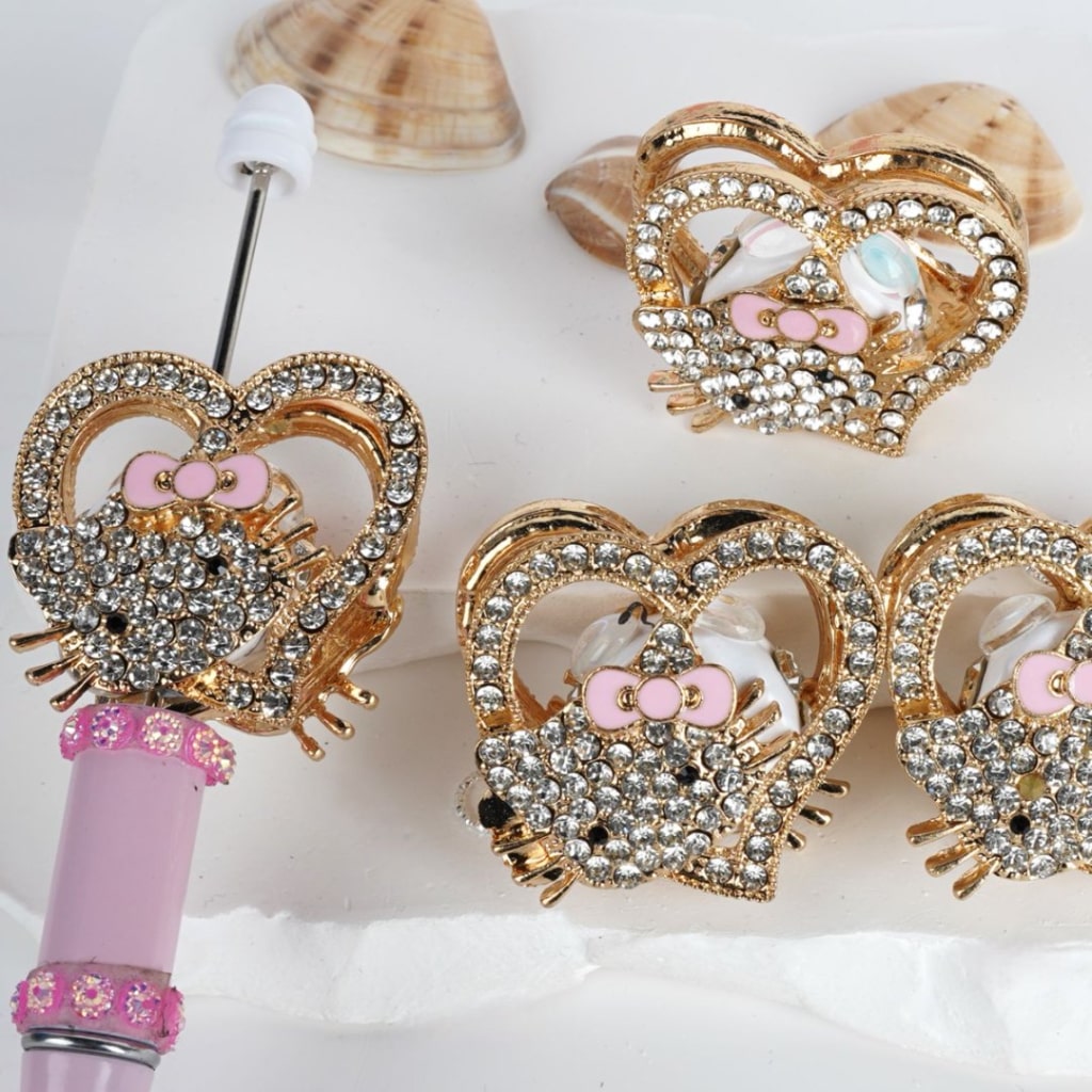 Fancy Gold Alloy Cute HK Head Heart Frame with Clear Rhinestones Pearls Round Clay Beads, Around 37*39MM