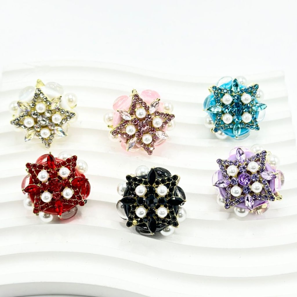 Bling Bling Gold Alloy Flower with Multi-Color Rhinestones White Pearls Clay Beads,  Around 27MM